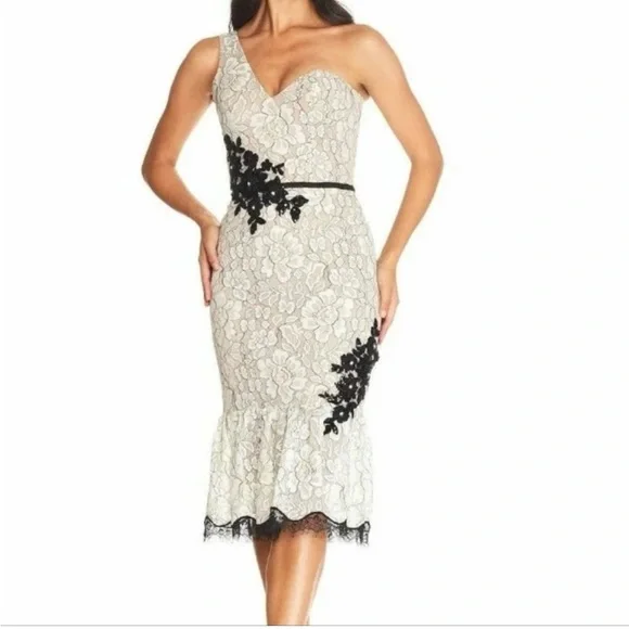 Dress the Population One-Shoulder Floral Dress in Black and Cream - Picture 2 of 6